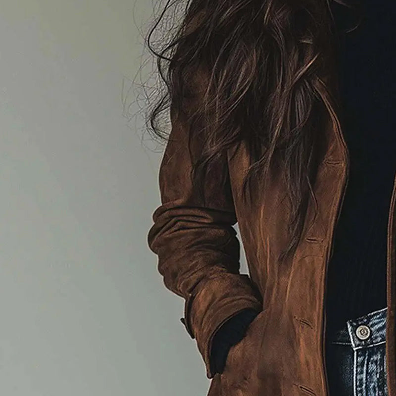 Halina | Długa Wegańska Kurtka z Efektem Zamszu