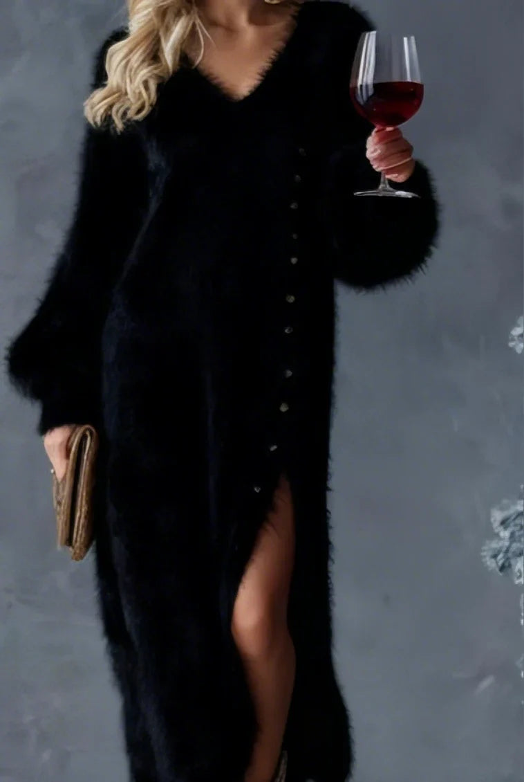 Justyna | Elegancka, wysokiej jakości pluszowa sukienka damska z bocznym rozcięciem