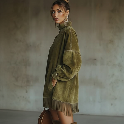 Ewa | Sukienka mini z długim rękawem i frędzlami