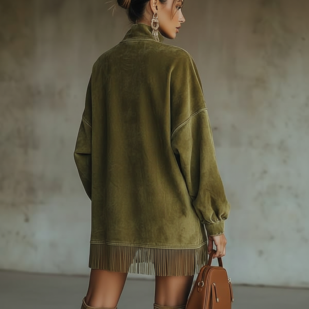 Ewa | Sukienka mini z długim rękawem i frędzlami