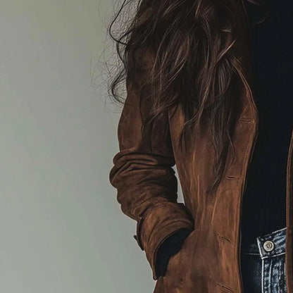 Halina | Długa Wegańska Kurtka z Efektem Zamszu