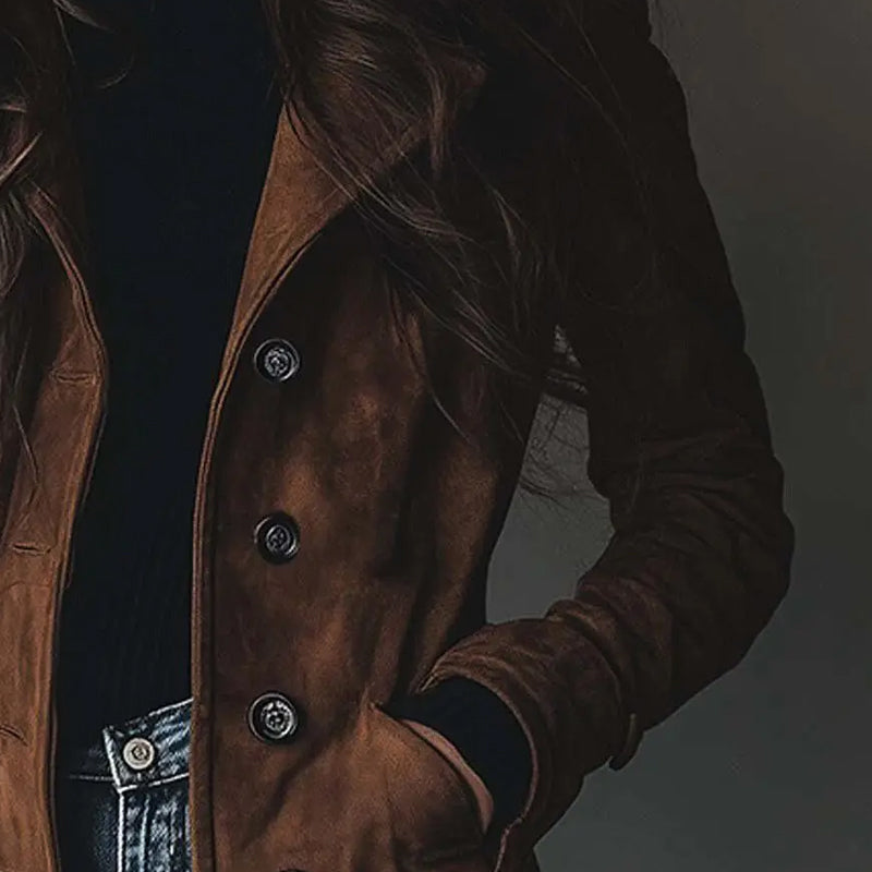 Halina | Długa Wegańska Kurtka z Efektem Zamszu