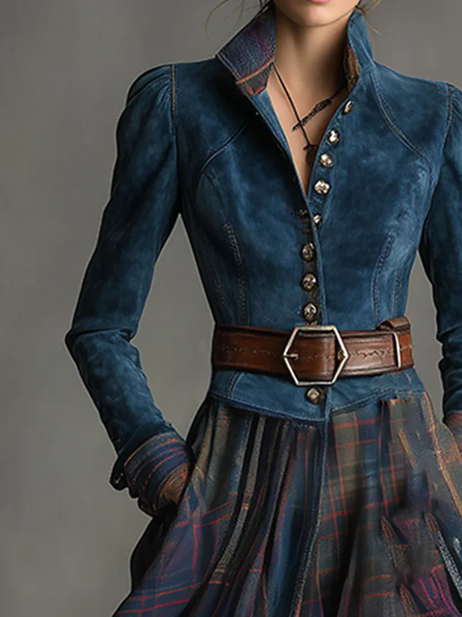 Celina | Bohemska elegancja w niebieskim zamszu i spódnicy w kratę