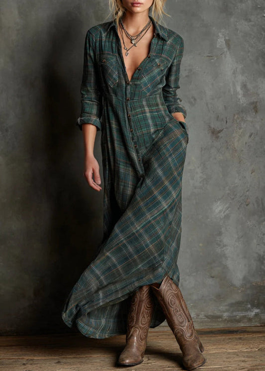 Janina | Sukienka Maxi w Zieloną Kratę z Kołnierzem z Klapami