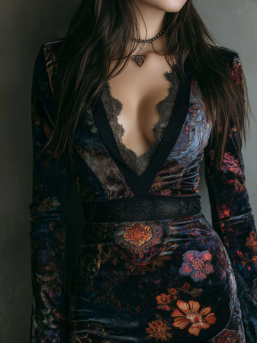 Żaneta ❘ Mini sukienka w kwiaty z weluru z koronką