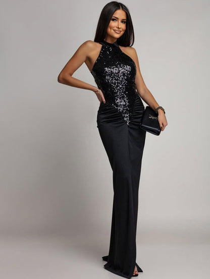 Aleksandra I sukienka czarna – długi fason dopasowany przy szyi, idealna na wyjątkowe okazje i przyjęcia